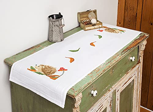 KAMACA Stickpackung Kreuzstich vorgezeichnet Baumwolle komplettes Stickset mit Stickvorlage Stickerei-Kit zum Selbersticken Erwachsene (Igel im Wald TL 40x100 cm)