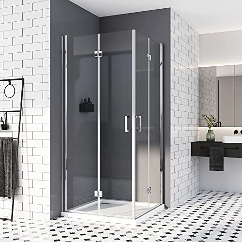 Duschkabine 90x80,Eckeinstieg Dusche Falttür 180º Duschabtrennung 6mm Nano-Beschichtung ESG Glas 195cm