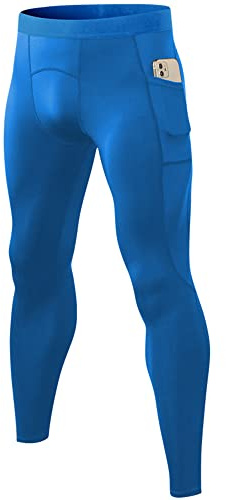 Kompressionsbyxor för män telefonficka löpning leggings tights yoga träning termiska byxor atletisk baslager, BLÅ, M