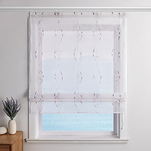 ESLIR Raffrollo Weiß Raffgardine mit Klettband Gardinen Küche Transparent Bändchenrollo Voile Bestickt Landhausstil Violett BxH 140x140cm 1 Stück