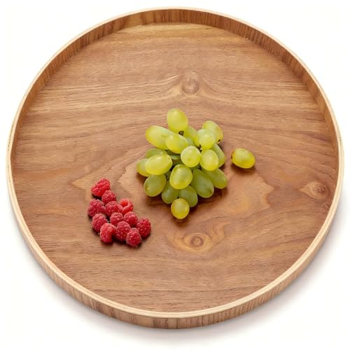 ANKROYU Rund Holz Tablett Groß, Serviertablett Rund Holz, Leicht Dekoratives Tablett aus Holz, Tischtablett Essenstablett Frühstückstablett für Kerze Kaffee Tee Snacks Obst (33 cm)
