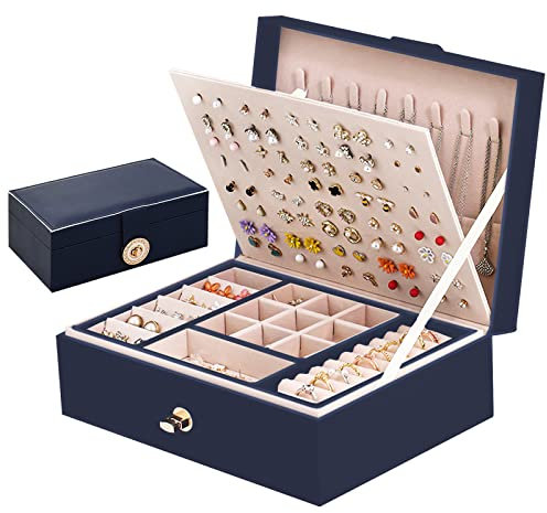 Ninonly Schmuckkästchen Teenager Mädchen Schmuckkasten Mit 2 Ebenen Schmuckaufbewahrung Schmuckkästchen Ohrringe Mädchen Pu-leder Schmuckkasten für Ohrringe,Ringe, Armbänder Blau