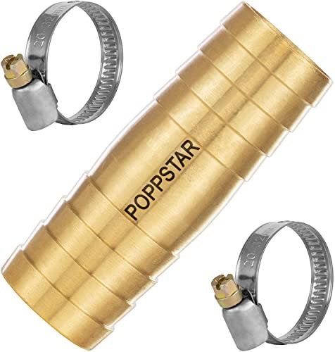 Poppstar Conector de manguera de latón de 3/4 de pulgada con 2 abrazaderas de acero inoxidable para manguera de jardín de 3/4 de pulgada (19 mm)