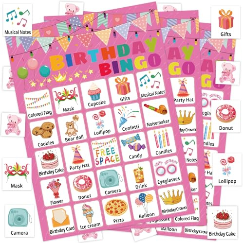 Leezead Geburtstag Bingo Spiel für Jungen Mädchen Erwachsene, 24 Spieler Geburtstag Bingo Karten Geburtstag Party Supplies Spaß Geburtstagsfeier Bingo Spiel für Schule Klassenzimmer Familie Geburtstag