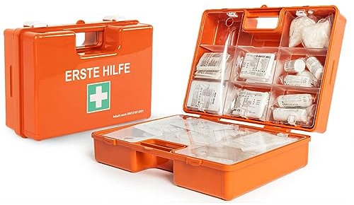 Floordirekt Trousse de premiers secours pour entreprises DIN 13169:2021 remplie avec support mural | 1 kit de premiers secours pour atelier, bureau et gastronomie Boîte d'urgence jusqu'à 100 employés