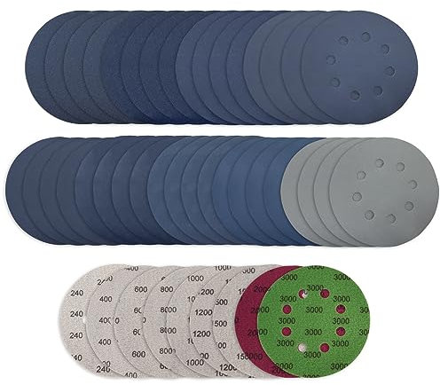 Viaky 36Pcs 125mm Sanding Discs, Wet Dry 5 Inch 8 Hole Hook and Loop 240 400 600 800 1000 1200 1500 2000 3000 Grit Round Sanding Pads, Orbital Sander Discs for Wood, Metal, Car, Furniture, Polishing