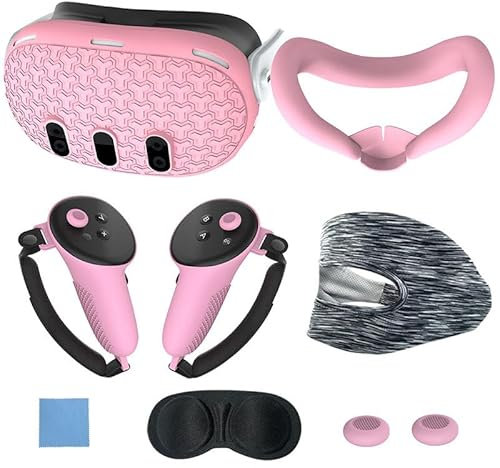 BeisDirect 7-Piece Set for Meta Quest 3 Accessories, Quest 3 VR Silicone face Cover, VR Shell Cover, Quest 3 Touch Controller Grip Cover, Protective Lens Cover, Disposable Eye Cover (Pink)