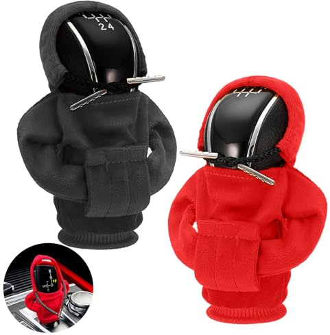 Juxtaposia 2 Stück Schaltknauf Hoodie,Schaltknauf Abdeckung kann als Autoinnenausstattung verwendet werden,Schalthebel Hoodie passt für die meisten Schalt- und Automatikfahrzeuge.(Schwarz,Rot)