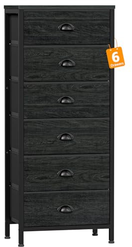 Furnulem Tall Dresser with 6 Drawers,Vertical Bedside End Table & Chest for Bedroom,Black Storage Tower Dorm Nightstand with Fabric Drawer Organizer Unit Furniture in Living Room,Closet,Hallyway
