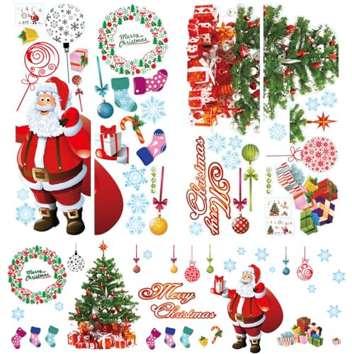 4 fogli di immagini per finestre natalizie, 90 x 30 cm, autoadesive per finestre di Natale, con fiocchi di neve, Babbo Natale, decorazione natalizia