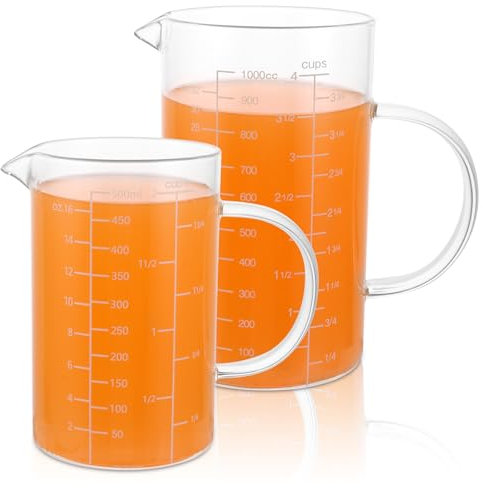 DAJAVE 2 Stück Messbecher Glas, Messbecher 1L & 500ml, Glas messbecher mit Ausguss und V-förmiger Öffnung, Hitzebeständig glas messbechers mit Griff, Measuring Cups Präzise Skala für Backen