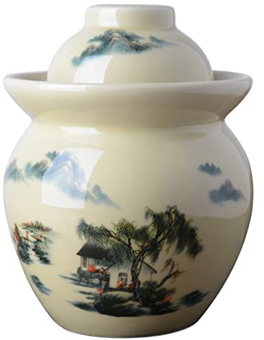 GVILTY Jarro De Fermentación De Cerámica Gran Capacidad Frasco De Encurtido Sellado, Kit De Fermentación China con Sello De Agua, Frasco De Cerámica con Frascos De Enlatado 1.5L