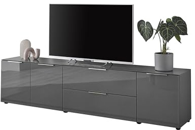 SANTORIN TV-Lowboard TV-Board in Anthrazit TV-Schrank Fernseher bis 77 Zoll | 226 x 55 x 40 cm (B/H/T), Front und Oberboden in Glas, viel Stauraum für das Wohnzimmer