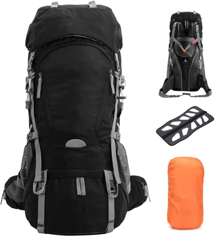 Outplea Trekkingrucksack Atmungsaktiv 60L Herren Damen, Bequem Wanderrucksack mit Innenrahmen, Wasserdichter Reiserucksack für Camping Wandern Mountainering Bergsteigen, Schwarz