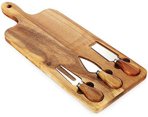 COM-FOUR® set da 4 pezzi tagliere per formaggi con coltello - piatto per formaggi in legno e tre diversi coltelli per formaggio - vassoio per formaggi per disporre e servire specialità di formaggio