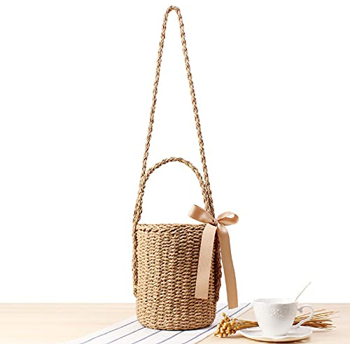 QiaoJun Korgväska, damkorg minimalistiska fasta färgsugrör förpackningar, messenger, handduk, vävd, cylinder, strand, handväska