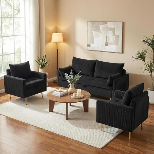 Furnimart 3-Piece Storage Sofa and Couch Set, Corduroy Loveseat with 2pc Accent Single Chairs, Small Living Room Furniture Set for Apartment, Tiny Homes and Lofts, 3PC-Black