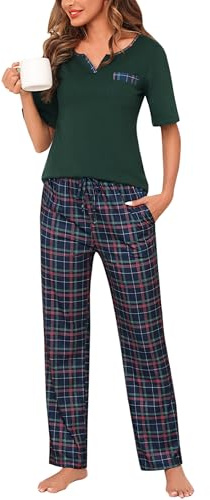 Bresdk Pyjamas, dam, kortärmad, pyjamasöverdelar, långa pyjamasbyxor, nattkläder, Grön, M