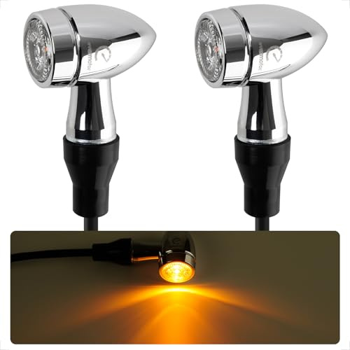 evermotor Chrom 12V CNC Blinker Motorrad, E geprüft, Amber, 2 Stück | E32, Mini Bullet Aluminiumschale IP67 Wasserdicht, M8-Schraube, Kabellänge 350 mm für Motorrad, Roller, Dirtbikes