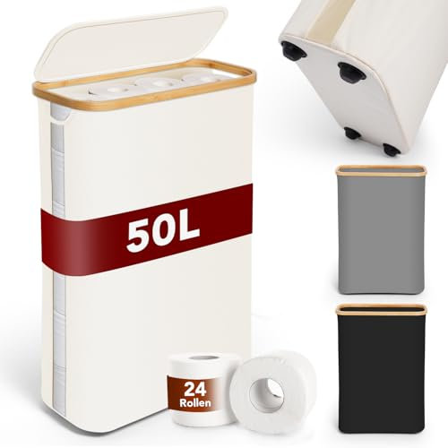 SOUTHGATE Größer Toilettenpapier Aufbewahrung Box mit Deckel aus Bambus, 50L Klopapier Aufbewahrung für 16-24 WC Rolle, Sichtbarkeit Klorollenaufbewahrung mit Füße, Badezimmer Organizer mit Griff