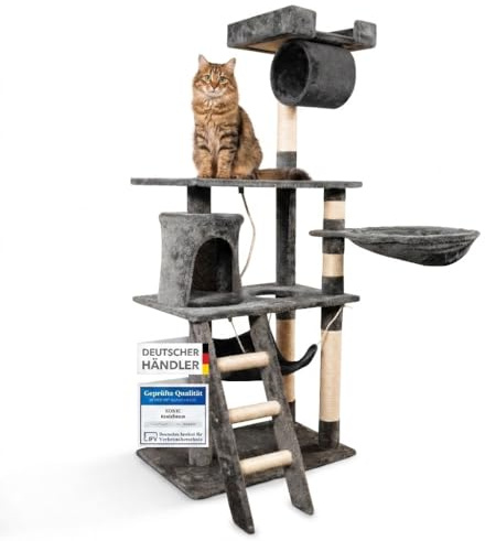 Foxdevil by xonic® Stabiler Kratzbaum für Katzen - Vielseitiger Katzenkratzbaum mit Aussichtsplattform, Hängematte, Kuschelhöhle, Spielkordel, Treppe – 141 cm Hoch – (Grau V1)