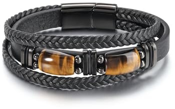 PiercingJak Bracelet Homme Cuir Tressé Charme Cube en Oeil de Tigre | Bracelet Multi Tours en Cordon Cuir Véritable Pierre Naturelle Oeil de Tigre et Obsidienne Noire Bijoux Homme Protection