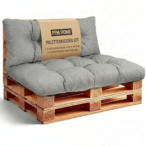 PFM HOME Palettenkissen Outdoor-Kissen für Palettensofa Palettenmöbel Europaletten - Gartenkissen - 1 x Rückenkissen 120 x 40 cm + 1 x Sitzkissen 120 x 80 cm - Hellgrau