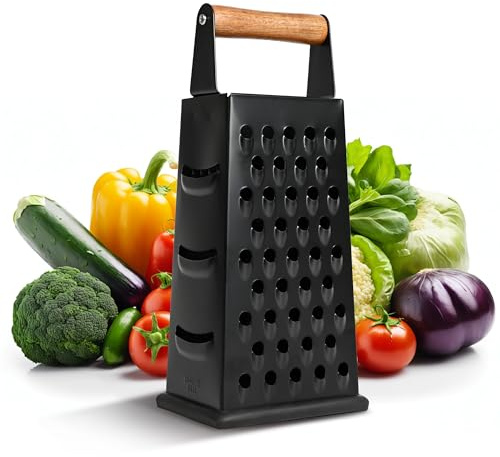 Dc Casa BlackWood Grattugia in Acciaio Inox – Design Elegante con Manico in Legno di Acacia, 4 Lame per Grattugia Fine, Grossa, Julienne e Affettatura