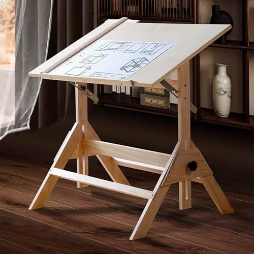 KHYTEBV Zeichentisch aus Massivholz, Verstellbarer Kunsthandwerkstisch mit neigbarer Platte, Höhe und Winkel verstellbar für Kunstwerke, Grafikdesign, Lesen, a