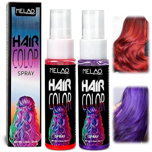 2×30ml Farbspray zum temporären Haare färben,Instant Hair Dye,Farbiges Haarspray,Auswaschbares Haarspray für Jungen & Mädchen,Schnelle Haarfärbung,Abwaschbar(Violett + Rot)
