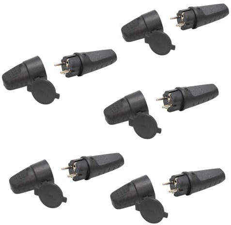 RASMACOR | Pack 5 Clavijas SCHUKO + 5 Bases aereas negras IP44 16A | Conector Electrico Impermeable de Goma | Para Exterior, Lluvia y Humedad | Cable 1.5mm² | Embornamiento Facil |