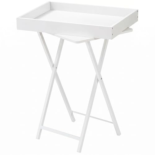 HOOBRO Mesa Auxiliar con Bandeja, de Sofá Plegable con Bandeja Extraíble de Madera, Mesita de Café de Estilo Vintage con Estructura Metálica, Estilo Industrial Contemporáneo, Blanco EWW29BZ01