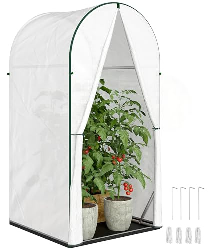 Mini serre Outsunny, serre portable avec porte enroulable, base en PE, petite serre pour jardin ou terrasse, 100 x 100 x 195 cm, blanche