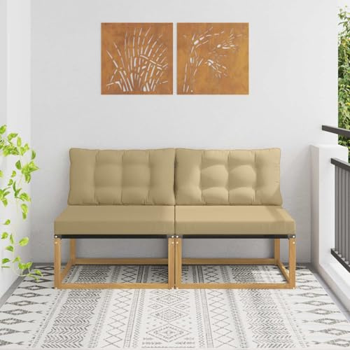 MinoLiving Outdoor Mittelsofa aus massivem Akazienholz und weißem Textilene, wetterfestes Lounge-Sofa mit bequemen Polsterkissen, Flexibles Gartenmöbel-Element für Terrasse, Balkon und Wintergarten
