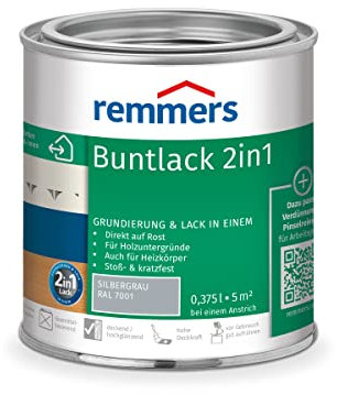 Remmers Buntlack 2in1 silbergrau (RAL 7001), 0,375 Liter, Buntlack für Holz, Eisen, Stahl, inkl. Grundierung und Rostschutz, innen und außen