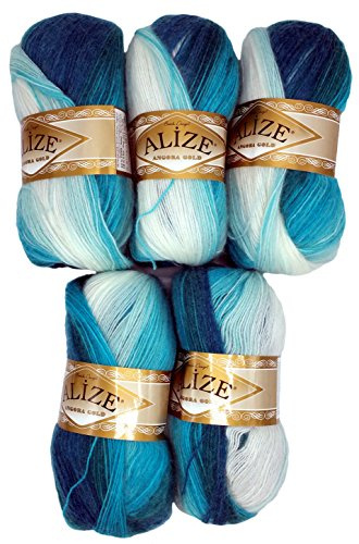 Alize 5 x 100 g Strickwolle mehrfarbig mit Farbverlauf, 500 Gramm Strickgarn mit 20% Wolle-Anteil (Petrol türkis weiß 1892)