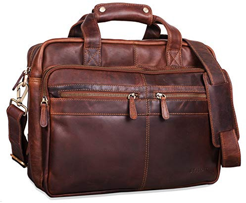 STILORD Explorer Lehrertasche Leder Herren Damen Aktentasche Büro Schulter- oder Umhängetasche für Laptop mit Dreifachtrenner Echt Leder Vintage Farbe:Sattel-braun