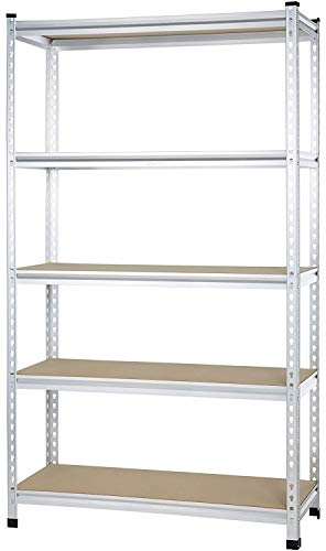 Amazon Basics 5-Tier Medium Duty Storage Shelving, Garage Storage Rack, Double Post Press Board Shelf, Adjustable, Easy Assembly, Space-Saving, Aluminum, 48 x 18 x 72