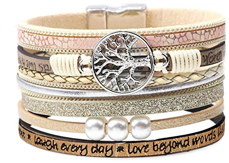 Desimtion Inspirational Gifts, Tree of Life Leather Bracelets for Women, Trendy Stuff for Teen Girls, Mothers Day Birthday Gifts for Women Girls Mom - Bohemian Jewelry Beige