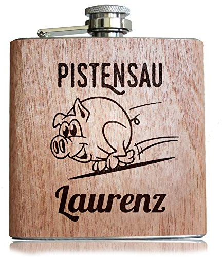 Pixelstudio Pistensau Holz Flachmann Persönliche Namens Gravur Geschenk Skifahrer Après Ski Scherzartikel lustig Spruch Skifahren