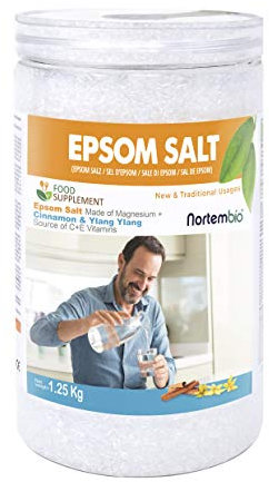 Nortembio Sal de Epsom Alimentaria 1,25 Kg. Magnesio para Tomar. Fuente de Vitaminas C y E + Extracto de Canela ecológica y de Ylang Ylang.Sal de Higuera. Limpieza Hígado. Cacito Dosificador Incluido.