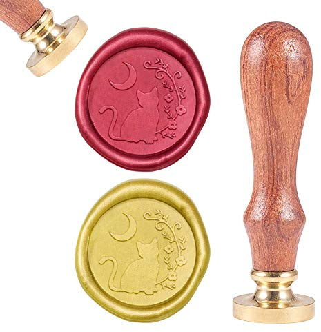 craspire Wachs-Siegel-Stempel Katze, Siegelwachsstempel Blumenmond Retro Messingstempel Wachssiegel 25 mm Abnehmbar Messingkopf Holzgriff Für Umschlag Einladung Hochzeit Verschönerung Flasche