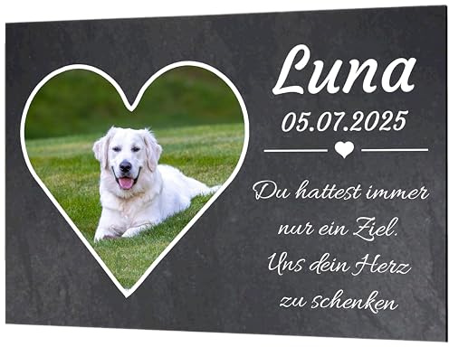 Personalisierte Grabplatte Haustier aus Alu-Verbund – Foto in Herz/Kreis/Rechteck, Name • Datum • Spruch – wetterfest & UV-beständig – Größen DIN A6 bis DIN A2 – Grabschmuck für Hund/Katze