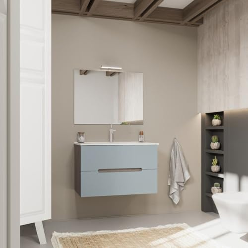 Kiamami Valentina - Mobile bagno sospeso 80cm 2 cassetti colorati blu opaco e quercia | Magnolia