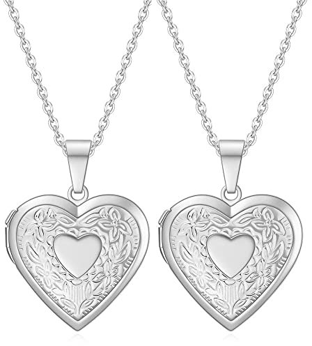 Liitata 2 Stück Öffnen Medaillon Halskette Foto Bilder Herz Halskette Edelstahl Blumen Muster Herzanhänger Amulett für Mutter Freundinnen Mädchen Geburtstags Geschenk Souvenir - Silber