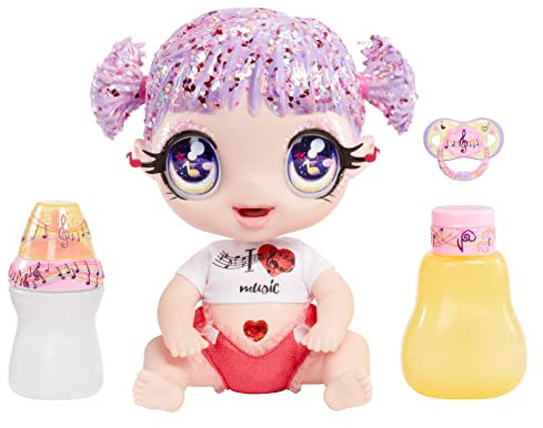 Glitter Babyz MGA Melody HIGHNOTE - Babypuppe mit 3 magischen Farbwechseln durch eiskaltes Wasser, Lavendel-Glitzer-Haar, Musik-Outfit, Windel, Flasche und Schnuller - Für Kinder ab 3 Jahren