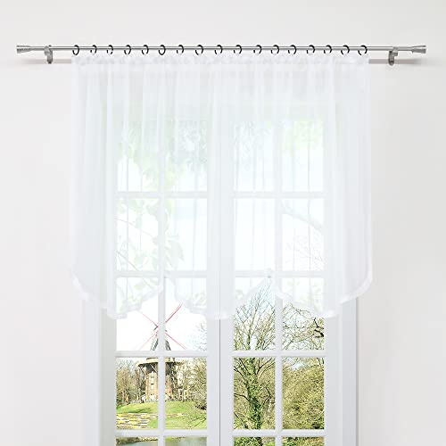 HongYa Bogenstore aus transparentem Voile mit Kräuselband und Satinband | Weiß, H/B 100/400 cm, einteilig, lichtdurchlässig, pflegeleicht, geschwungener Saum, für Küche und Wohnzimmer