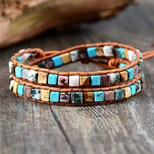 Armband Herren,Naturstein-Türkis-Bildjaspis-Kristallarmband Böhmen-Ethno-Doppelschicht-Handgemachtes Leder-Wickelarmband Energie-Edelsteine-Korn-Armband-Schmucksachen Für Mann-Frauen-Geschenk