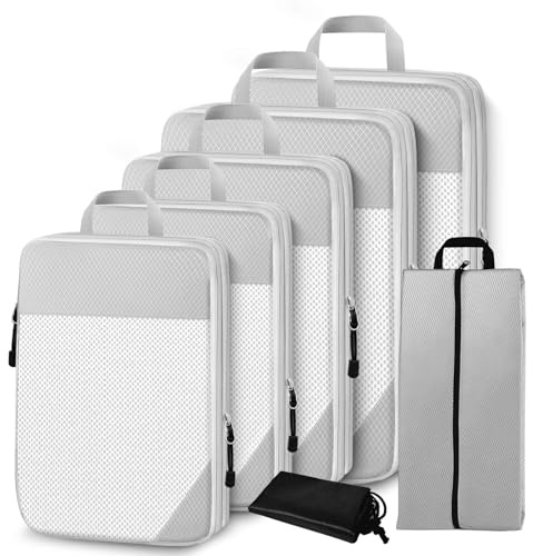 MMcRRx koffer organizer 7-teilig set, packing cubes compression für Rucksack und Koffer, Packwürfel koffer zubehör, Kofferorganizer reise gadgets für Kleidung Schuhe Unterwäsche,Grau