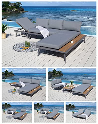ALEOS. Gartenlounge Lounge aus Aluminium mit Massiv Holz Teak Multifunktionslounge Lounge-Set Loungegarnitur Sitzgruppe Doppelliege Sofagarnitur Barbados grau anthrazit Spunpoly Kissen